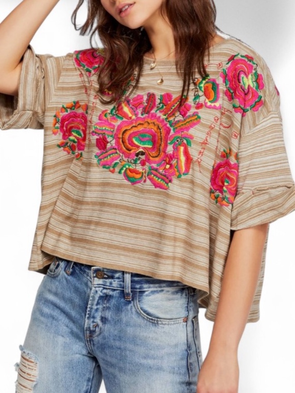 Free People Beige Striped Short Sleeve Top with Pink & Orange Floral Embroidery